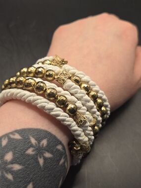 Chunky Wrap Bracelet Gold Beads White Cord Multi Strand Statement